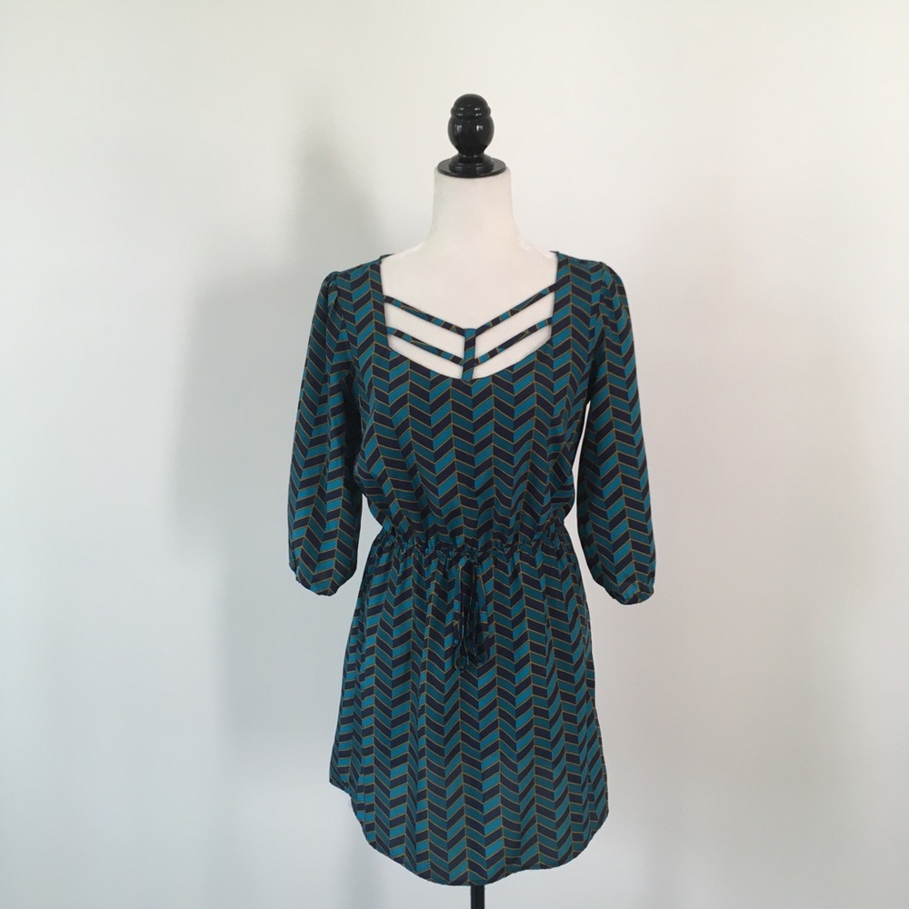BeBop Teal & Green Chevron Printed Dress - Picture 2 of 5